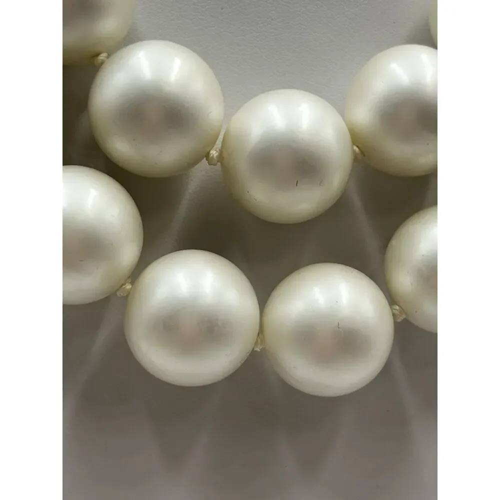 Vintage Large Double Strand Ivory Faux Acrylic Pearl Gold Tone Hook Necklace 20m